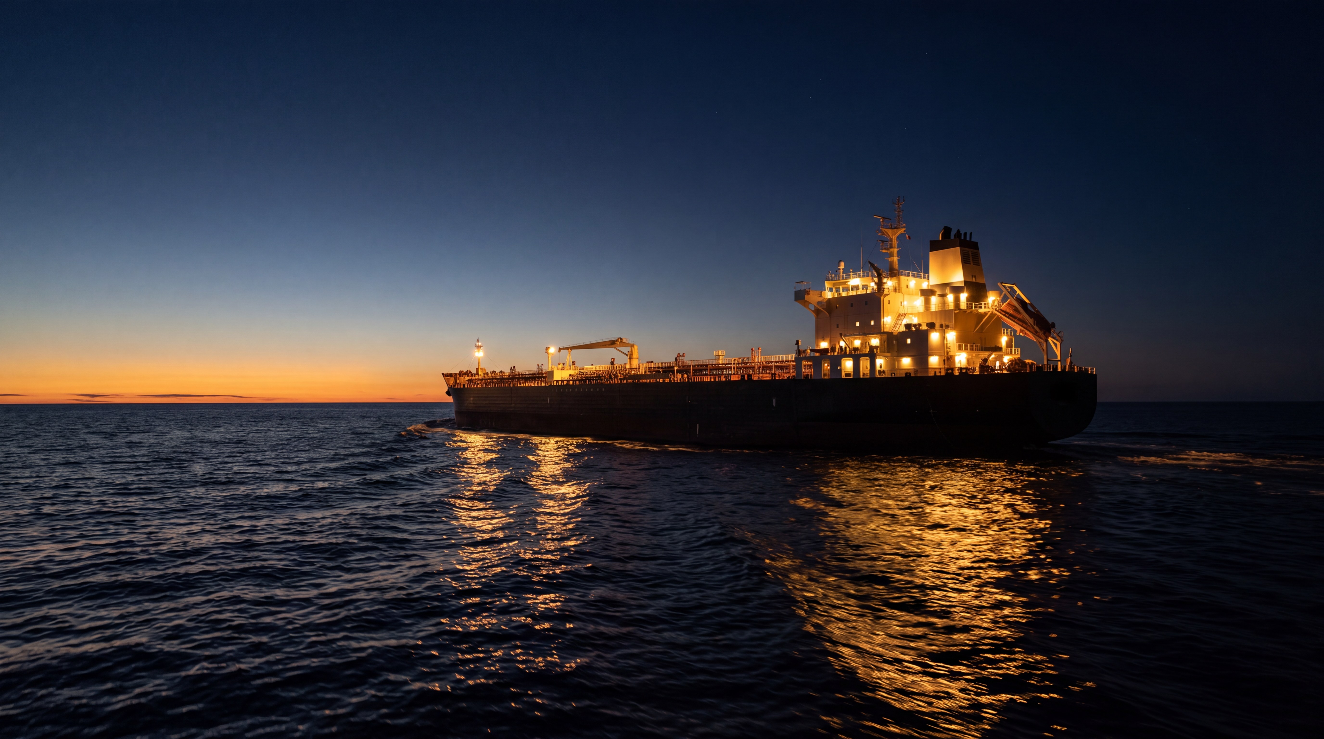 Oil supertanker under way at dusk, deck lights glowing